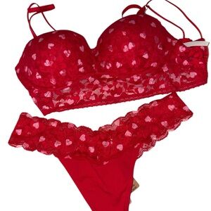 PINK Victoria's Secret Red Heart Lace Bra Set